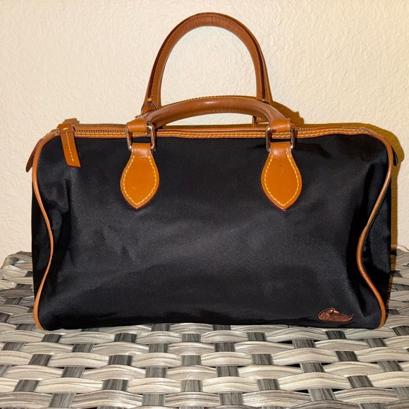 Dooney & Bourke Handbags - Dooney & Bourke Black Satchel with Tan Trim and Bright Pink Interior